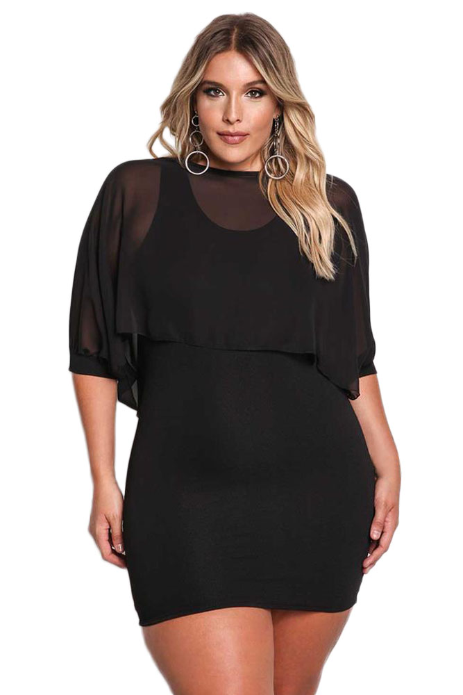 BY220176-2 Black Plus Size Chiffon Layered Bodycon Dress